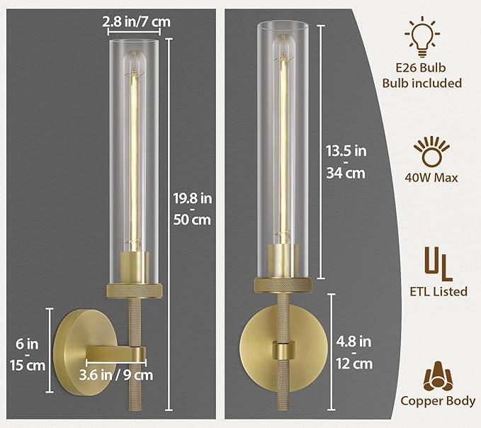 Brass Knurled Wall Sconce 20", Bathroom Wall Sconce Set of Two,Glass Tube Brass Sconces Wall Lighting,Bathroom Sconces Side of Mirror,Vanity Sconce Lights for Bath,Including E26 Light Bulbs