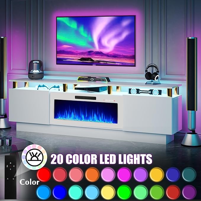 80" Modern Fireplace TV Stand with 36" Electric Fireplace for TVs Up to 90 inch, Luxury LED Light Entertainment Center with High Gloss Cabinet, White + Silver Posts with White Fireplace