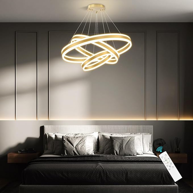 3-Rings Modern Chandelier for Dining Room Gold LED Dimmable Pendant Lightings for Kitchen Island Adjustable Height Flush Mount Ceiling Lighting for Living Room Foyer Hallways 3000K-6000K