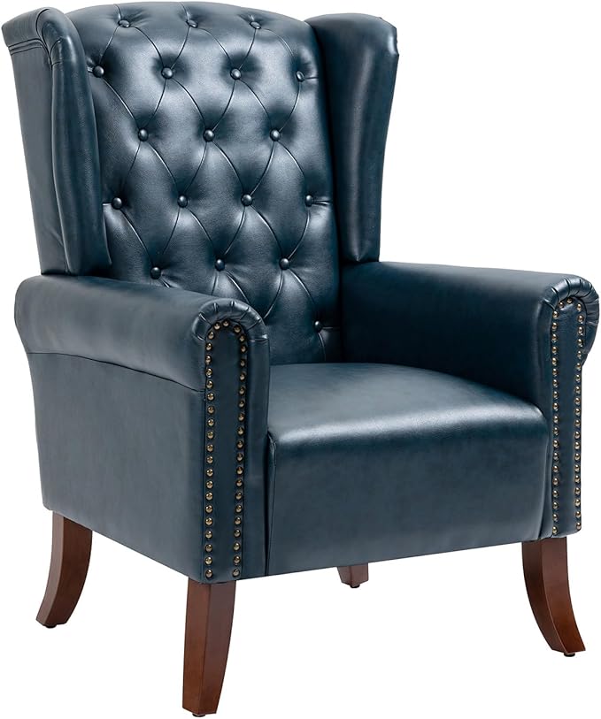 MOJAY Modern PU Leather Accent Chair, Living Room Lounge Sofa Chair with Buttons, Single Club Armchair with Rivet Trim for Bedroom Home Reception (DarkBlue)