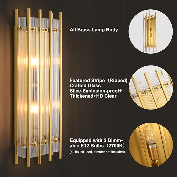 Modern Brass Wall Sconce,25in Grand Rectangular Ribbed Glass Wall Sconces,Indoor Hardwired Gold Wall Sconces for Large Spaces,for Living Room,Hallway,Stairway Sconces Wall Lighting,Included E12 Bulbs