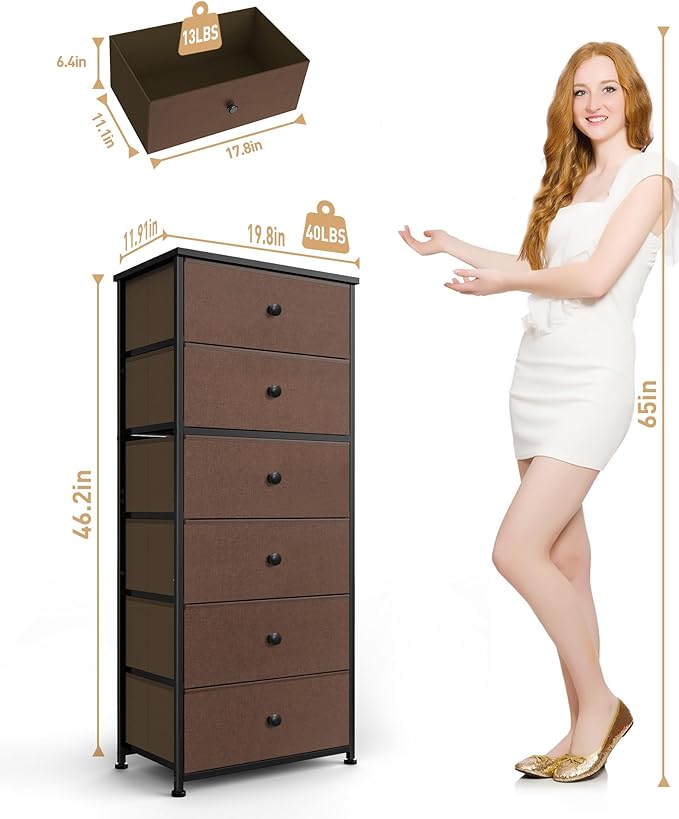 Tall Fabric Dresser for Bedroom, Vertical Storage Organizer Tower with 6 Drawers, Chest of Drawers with Bins, Steel Frame, Wood Top for Bedroom, Closet, Entryway Brown