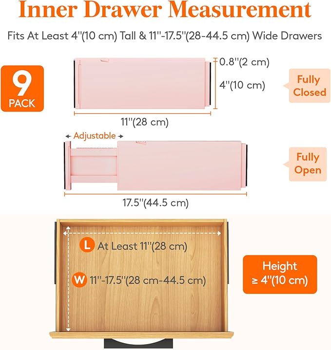 Lifewit 9 Pack Drawer Dividers 4" High, 11-17" Adjustable Drawer Organizers for Clothes, Expandable Dresser Separators in Bedroom/Bathroom/Kitchen/Fridge/Office Organization and Storage, Pink