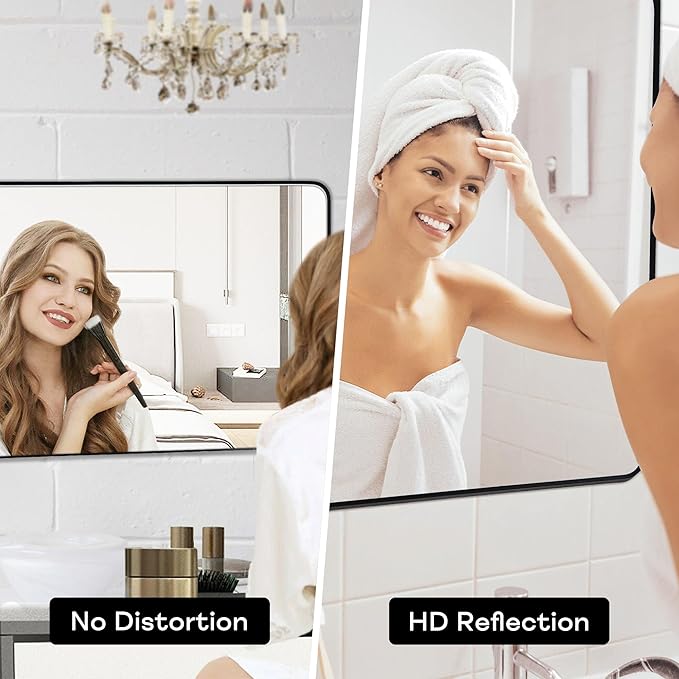 Wall Mount Mirror for Bathroom, Brushed Black Metal Framed Large Rounded Corner Rectangular Vanity Mirror, Tempered Glass (30" x 55", Black)