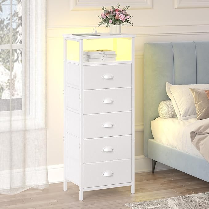 Nightstand with Charging Station,LED White Nightstands with 5 Fabric Drawers PU Finish, Bedside End Tables, 2-Tier Open Storage Shelf Side Table Nightstand with Drawers for Bedroom,White