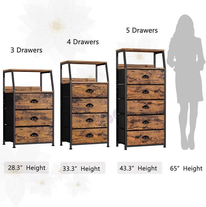 Furnulem Tall 5 Drawers Dresser, Vertical Storage Tower Fabric Dresser for Bedroom, Hallway, Entryway, Nursery, Closet Organizer, Nightstand Bedside Table Furniture, Sturdy Steel Frame, Wood Top