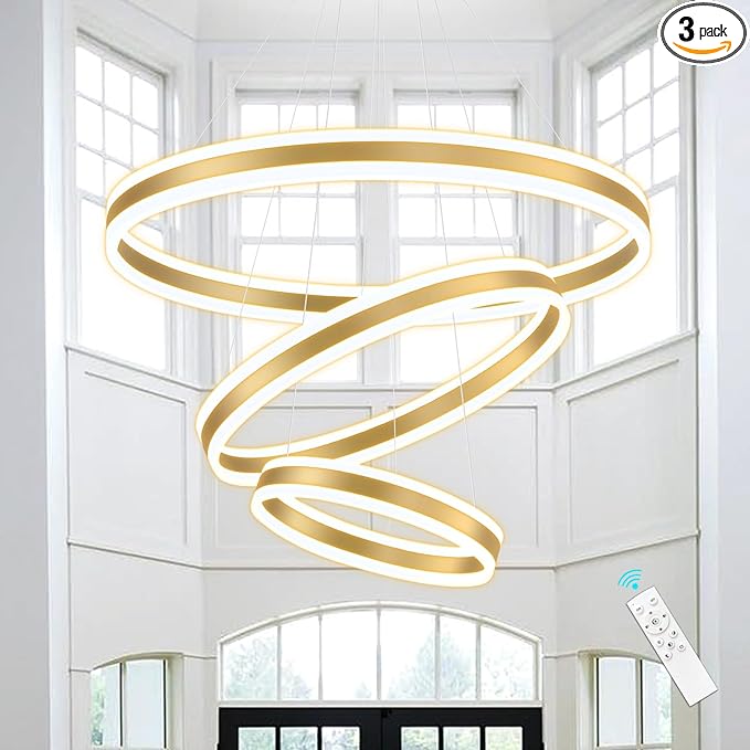 3-Rings Modern Gold LED Chandelier, Flush Mount Ceiling Lighting for Living Room, Adjustable Height Pendant Light for Staircase Foyer Dining Room Entryway 3000K 6000K