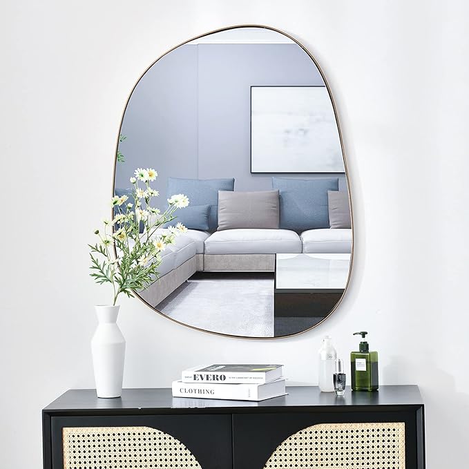 Asymmetrical Mirror for Wall Decor 27"*35", Modern Brass Framed Wall Mirror for Living Room Bathroom Bedroom Entryway ELE-STOU-0063G