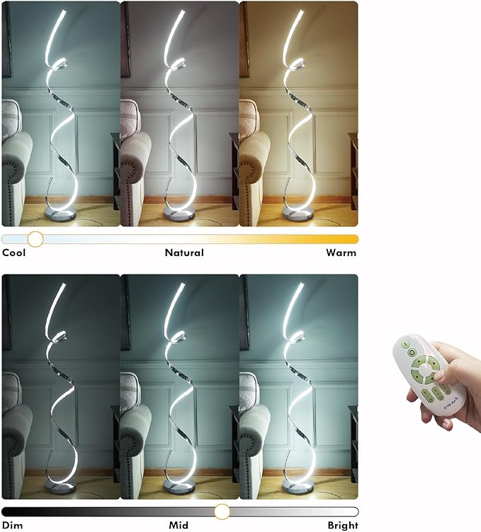 59 inches Twisted Floor Standing Lamp, 60W Adjustable Bright and Infinitely Dimmable, LED Modern Silver Floor Tall Lamp for Living Room Bedroom Office with Remote (Chrome)