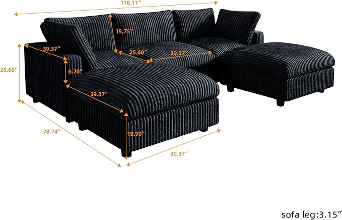 JACH 118" U Shape Modular Sofa for Living Room, Convertable Sectional Couch with Chaise Ottomans, Modern Deep Seat Sofas, Sofa Covers Washable, Minimalist Plush Couch for Living Room, Apartment, Black