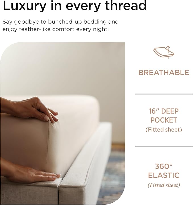 Threadmill 100% Cotton Sheets for Cal King Size Bed - 600 Thread Count Cal King Bed Sheets Set with 16” Deep Pocket - Sateen Weave 4-Piece Bedding Set with Cooling Effect, Beige