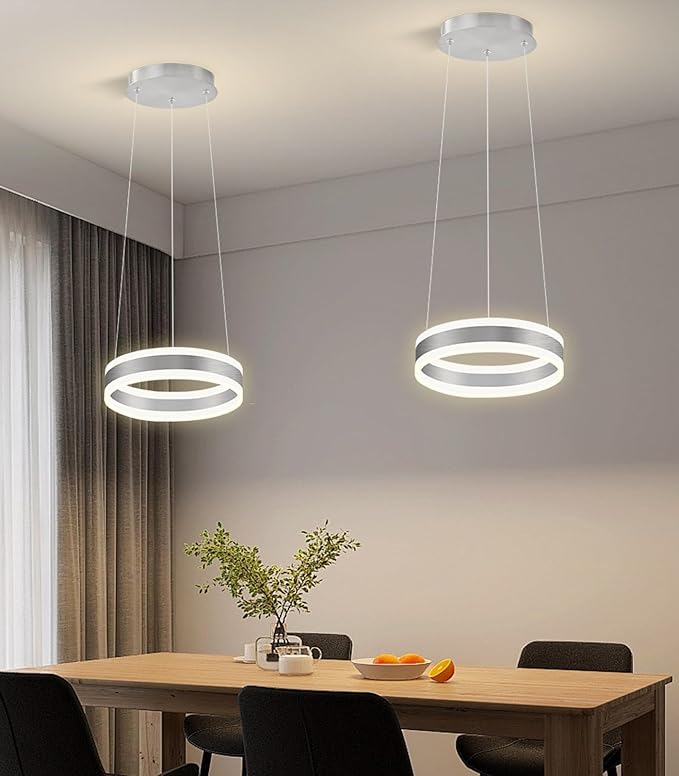 D7.8'' Modern Ring Chandelier for Dining Room LED Dimmable Pendant Lighting High Ceiling Chandelier for Living Room Foyer Bedroom Entryway 3000K-6000K Silver