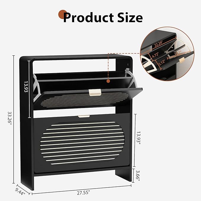 Curved Narrow Shoe Storage Cabinet for Entryway with 2 Flip Drawers, Wood Shoe Cabinet with Arched Panel, Freestanding Shoe Organizer Closed Shoe Rack for Hallway, Foyer, Black