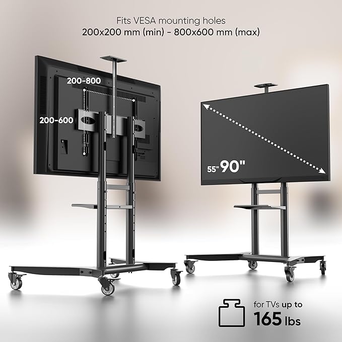 ONKRON Mobile TV Stand on Wheels for 55-90 Inch TVs up to 198 lbs, Height Adjustable TV Portable Stand, VESA 200x200-800x600, Movable TV Cart Rolling TV Stand with Shelf Black