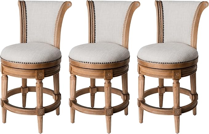 Maven Lane Pullman Counter Stool 26 Inches – Set of 3 – Swivel Stools with Footrest – Light Brown Solid Wood Frame & Natural Fabric Upholstery – Perfect for Kitchen Islands & Counters