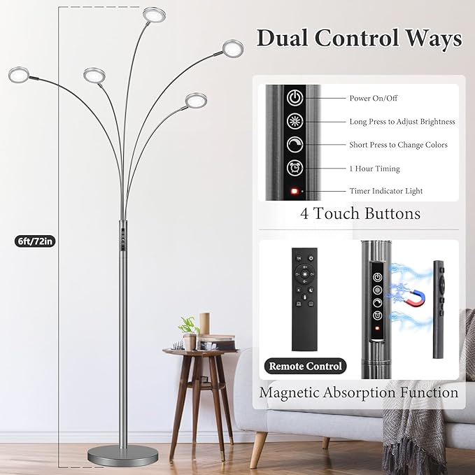 LED Arc Floor Lamp with Remote, 2250LM Dimmable Black Chrome Floor Lamp with Timer, Adjustable Colors, Brightness & 5 Adjustable Arms, Multi-Head Tall Tree Standing Lamp for Living Room Bedroom Office