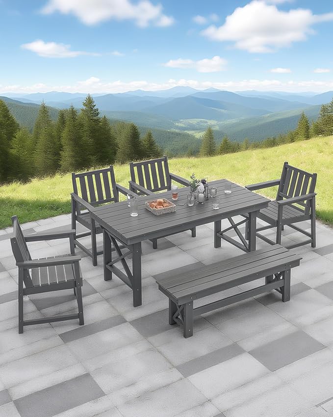 QUASCO HDPE Outdoor Dining Set for 6, Patio Dining Furniture Set with Umbrella Hole Cut-Out Table and 1 Bench and 4 Chairs, All Weather Outdoor Dining Bench Sets, Gray