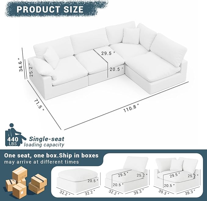 Oversized Cloud Sectional Couches for Living Room, 110.8" Comfy Down Filled Couch, Convertible 4 Seater Modular Sectional Sofa with Removable Covers, Deep Seat Modular Couch, White