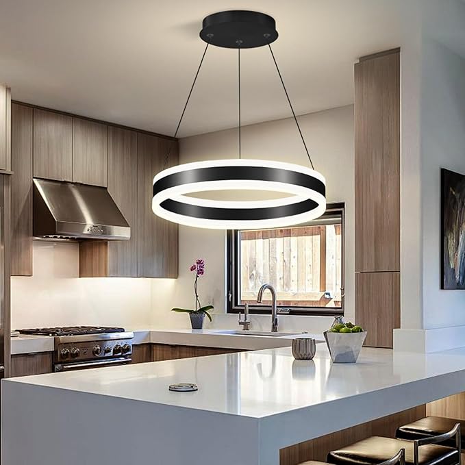 D15.7'' Modern Ring Chandelier for Dining Room LED Dimmable Pendant Lighting High Ceiling Chandelier for Living Room Foyer Bedroom Entryway 3000K-6000K Black
