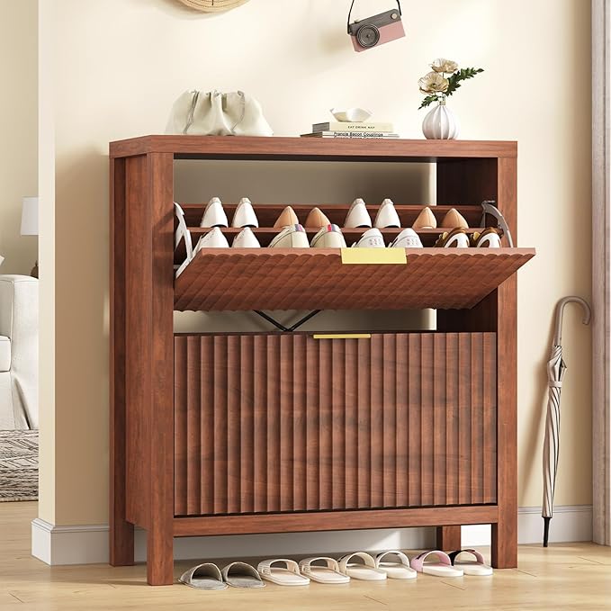Shoe Cabinet Storage for Entryway, Fluted Shoe Cabinet with 2 Flip Drawers, Hidden Shoe Rack Tall Freestanding Shoe Organizer with Legs for Hallway, Walnut