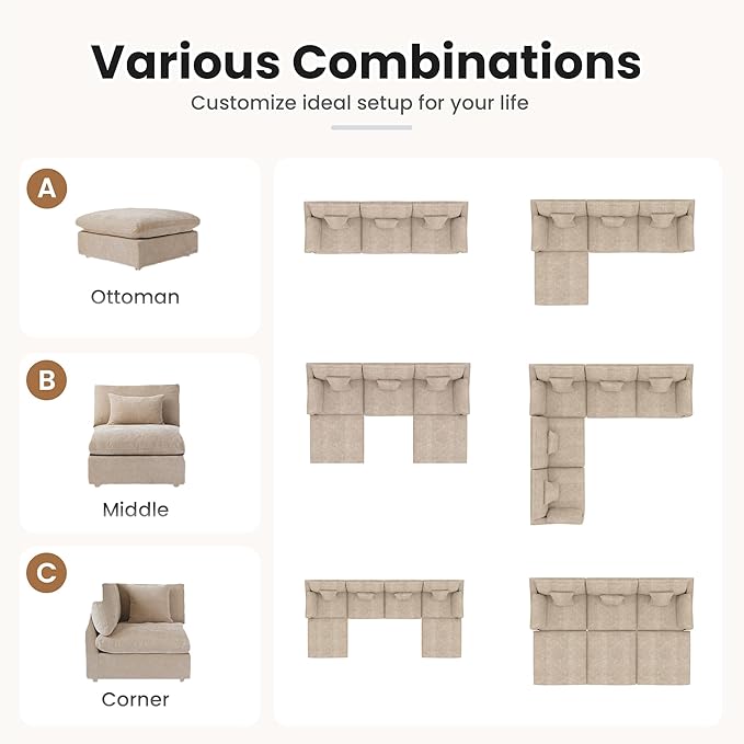 156" Cloud Couch Modular Sectional Sofa with Ottoman,L Shaped Couch, Down Filled Convertible Sofa,Cover Washable and Replaceable Couches for Living Room,Khkai