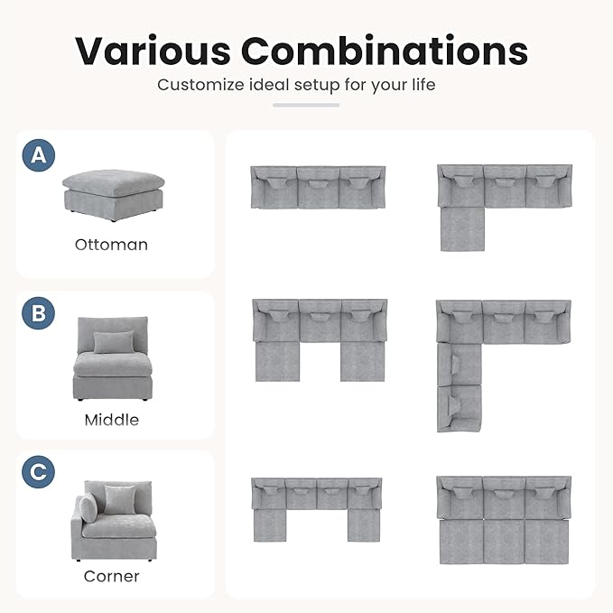 Cloud Couch Modular Sectional Sofa,160" U Shaped Couch, Down Filled Convertible Wide Seater with Ottoman, 8 Seater for Living Room Set,Covers Washable&Replaceable,Gray