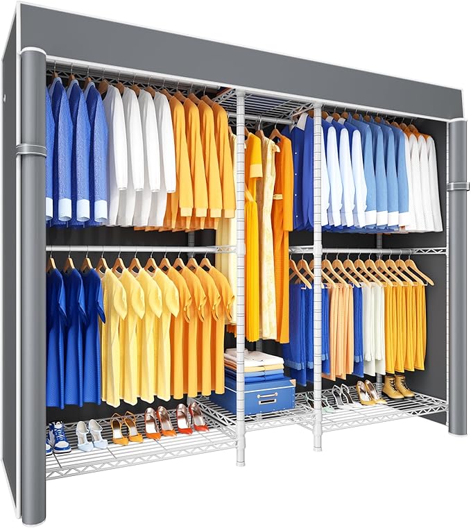 Ulif E12C Heavy Duty Closet Organizer System，Freestanding Clothing Racks for Hanging Clothes，Adjustable Garment Rack 71" W x 16" D x 76.5" H Hold 960 lbs，White Clothing Rack with Grey Dustproof Cover