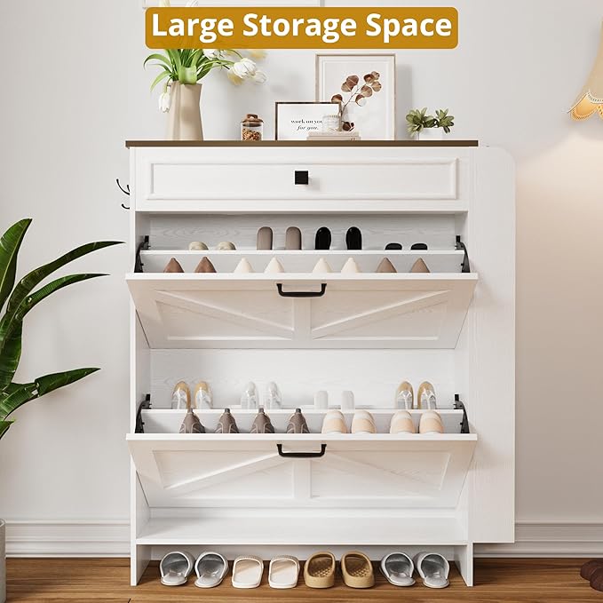 IRONCK Shoe Storage Cabinet with 2 Flip Drawers & Barn Door Design, Freestanding Shoe Cabinet Organizer with Drawer and Shelves for Entryway, Farmhouse Shoe Rack Cabinet, White/Walnut