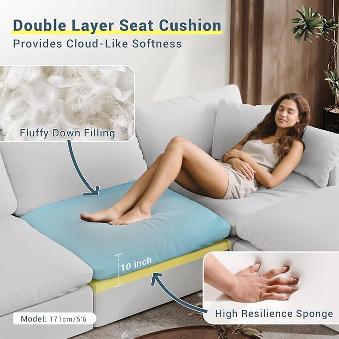 Oversized Cloud Sectional Couches for Living Room, 110.8" Comfy Down Filled Couch, Convertible 4 Seater Modular Sectional Sofa with Removable Covers, Deep Seat Modular Couch, White
