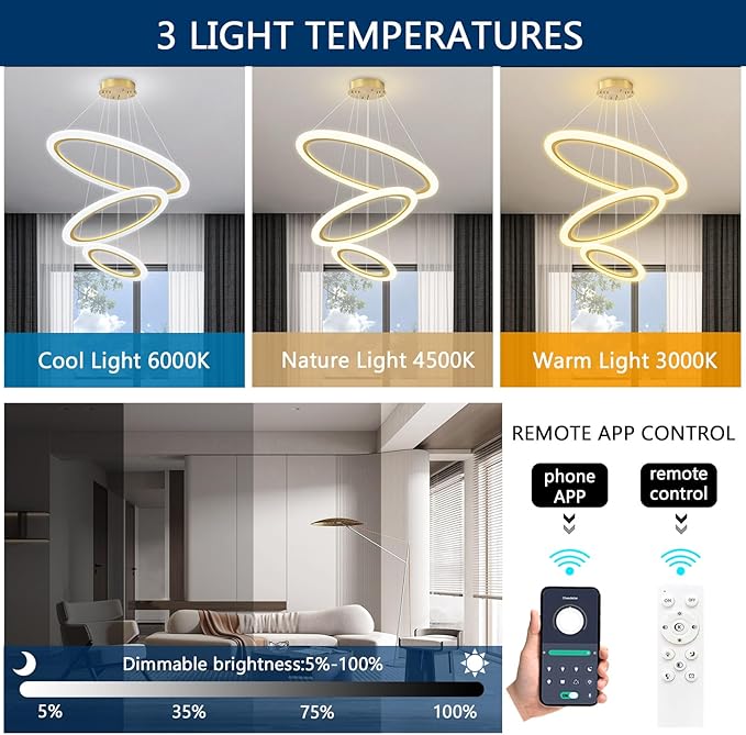Modern LED Chandelier 3 Ring Chandelier for Dining Room Living Room Pendant Lighting Fixture High Ceiling Hanging LED Pendant Ceiling Light Fixture for Bedroom Foyer Gold