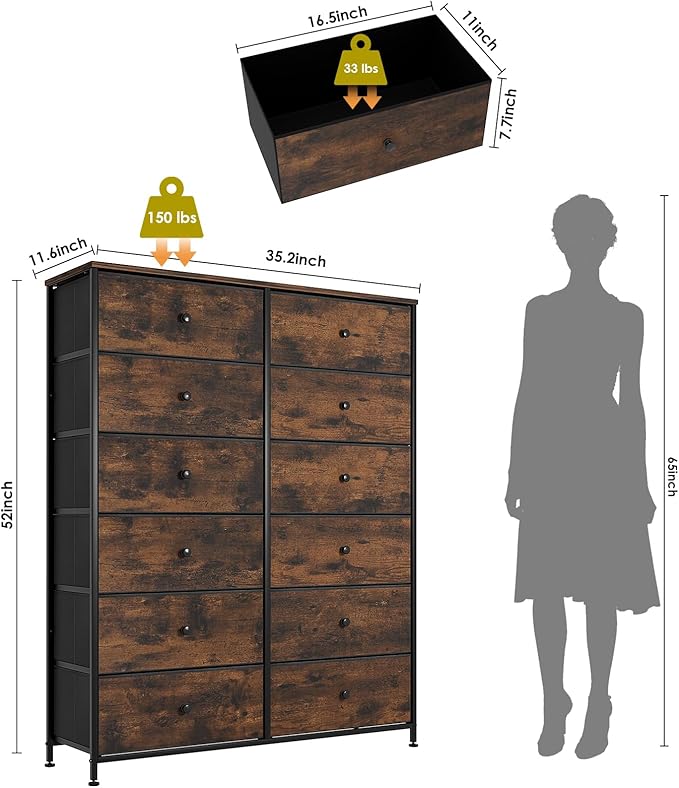 Arlopu 12-Drawer Dresser, 35.2’‘ Widened 6-Layer Fabric Storage Tower w/Textured Print Fabric Bins, Tall Chest Organizer Unit for Living Room, Hallway, Nursery, Closets, Adjustable Feetpad