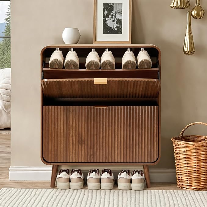 31.5" Fluted Shoe Cabinet with 2 Flip Drawers, Slim Freestanding Shoe Cabinet Organizer, Narrow Shoes Storage Rack for Entryway, 4 Sturdy Legs (Dark Walnut)