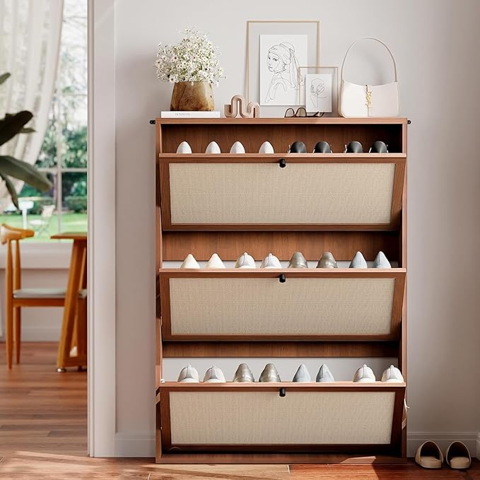 Narrow Shoe Storage Cabinet with 3 Flip Drawers, Wood Shoes Cabinet with Linen Doors Drawer, Freestanding Shoe Organizer Slim Shoe Cabinet Storage Shoe Rack for Entryway Hallway (Walnut)