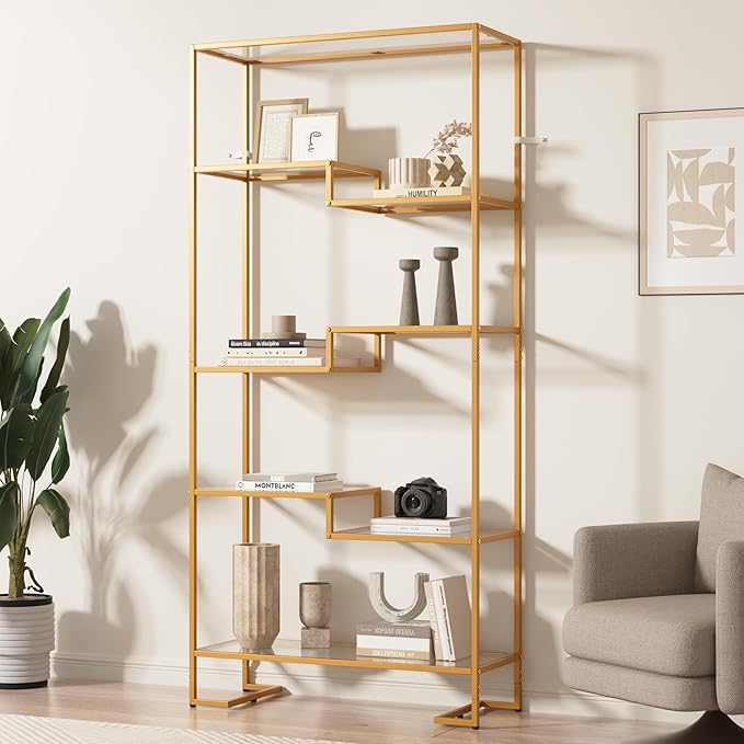 5-Tier Bookshelf, Tempered Glass Display Shelf, Modern Open Shelf Bookshelf, Tall Storage Open Bookcase for Living Room, Home Office, Bedroom, Golden