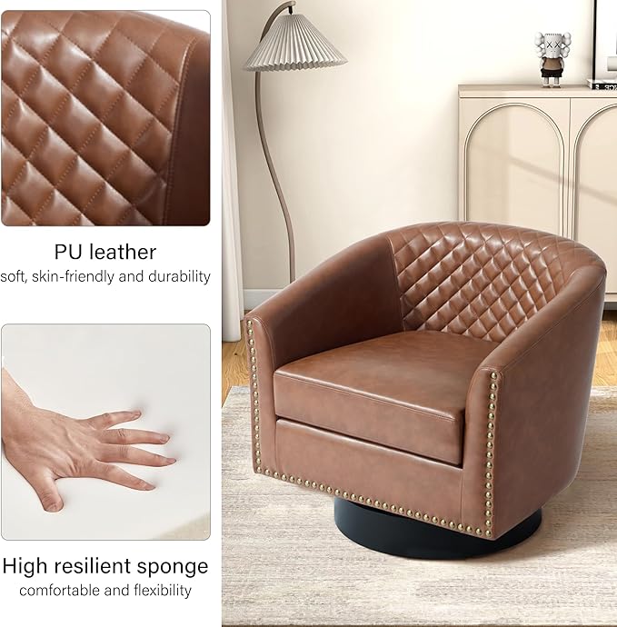 Swivel Barrel Accent Chair, Comfy Modern Upholstered Round Faux Leather Arm Chair for Living Room, Bedroom（Brown, Set of 1