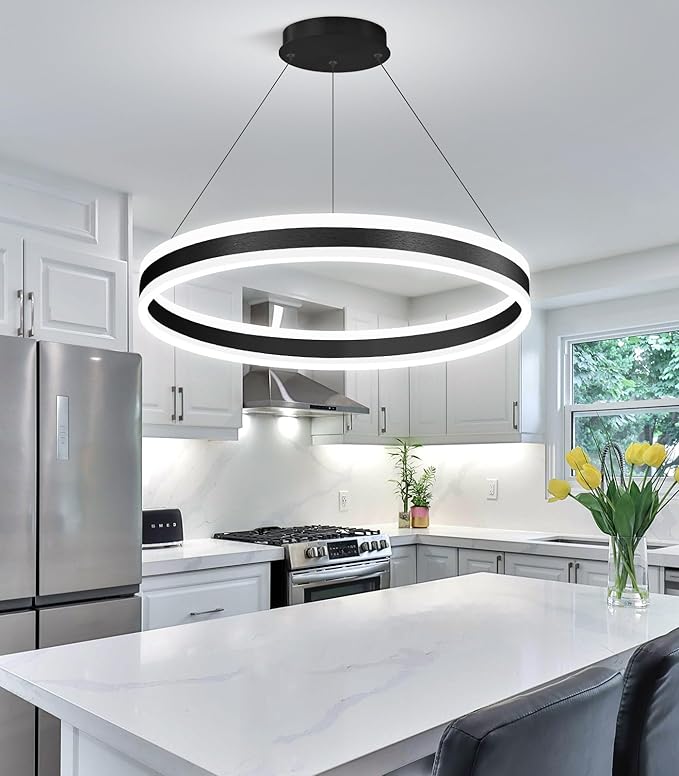 D23.6'' Modern Ring Chandelier for Dining Room LED Dimmable Pendant Lighting High Ceiling Chandelier for Living Room Foyer Bedroom Entryway 3000K-6000K Black