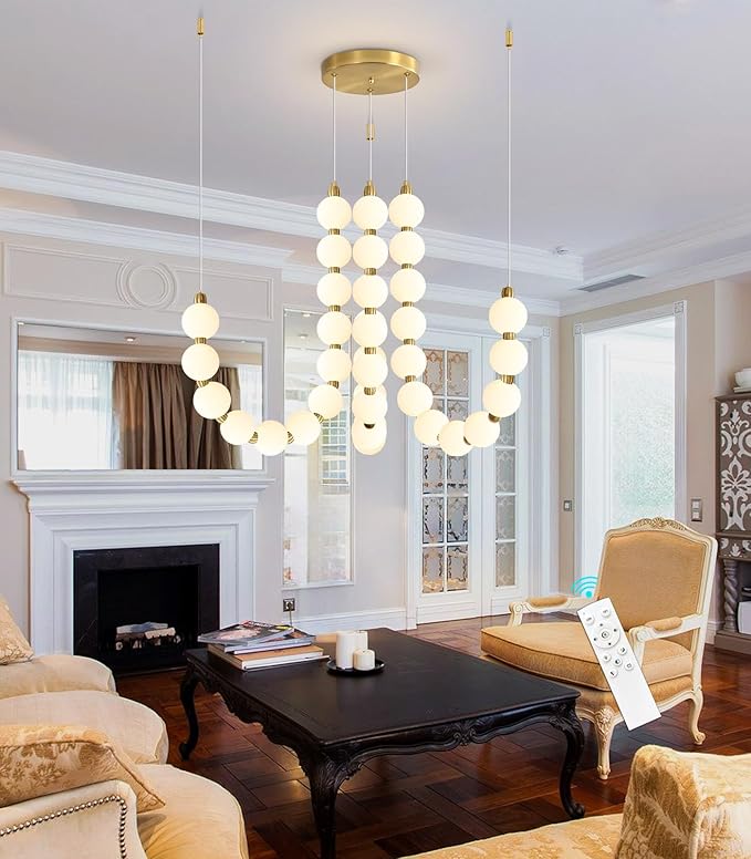Modern Chandeliers LED Dimmable Light Acrylic Balls Ceiling Pendant Lighting for Living Room Dining Room Bedroom Adjustable Hanging Lights 70 Watts, Antique Gold Lamp