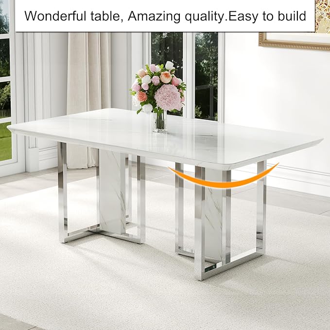 67'' Modern Dining Table Set for 6,White Kitchen Table Set,Luxury Dining Table Set with 1.8-inch Thick Faux Marble Table Top＆6 Pu Leather Upholstered Chairs Ideal for Dining kicken Room