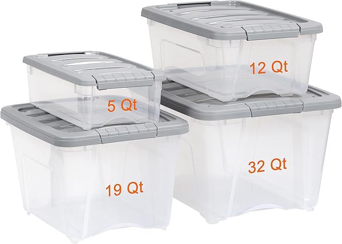Amazon Basics Plastic Storage Containers with Secure Latching Lids, Stackable Organization Bins, 32 Quart, Set of 6, Clear/Grey