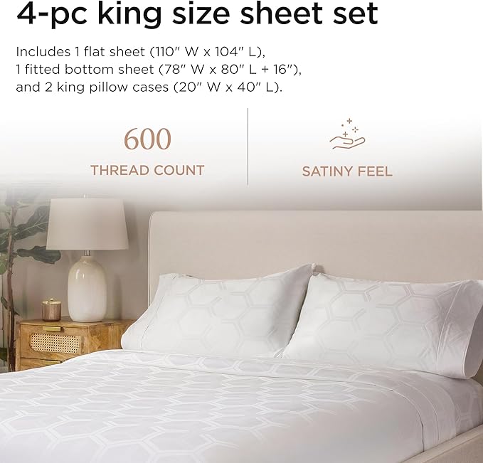 Threadmill 100% Cotton Sheets for King Size Bed - 600 Thread Count King Bed Sheets Set with 16” Deep Pocket - Jacquard Sateen Weave 4-Piece Bedding Set with Cooling Effect, White