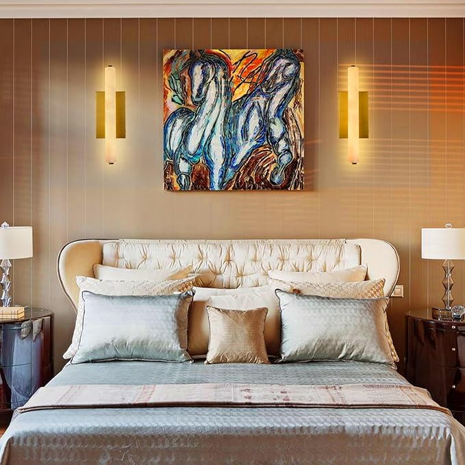 Alabaster Wall Sconces Set of Two, 15" Brass Alabaster Sconce, Spanish Natural Marble Wall Sconce Lamp Indoor, Rectangle Modern Sconces Lighting for Bathroom Living Room Bedroom Stairs Hallway