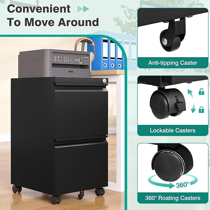 SISESOL 2 Drawer File Cabinet on Wheels,Metal Filing Cabinet with Lock,Black Rolling File Cabinets,Under Desk Office Cabinets for Home Office,Fit A4/Letter/Legal,Fully Assembled Except Caster