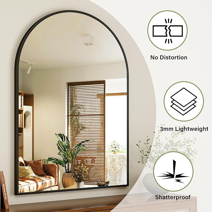 Arch Bathroom Mirror, 36x48 Inch - Wall Mounted Vanity Mirror with Aluminum Alloy Frame - Ideal for Living Room, Bedroom, Bathroom, and Entryway, Hanging or Leaning, Black