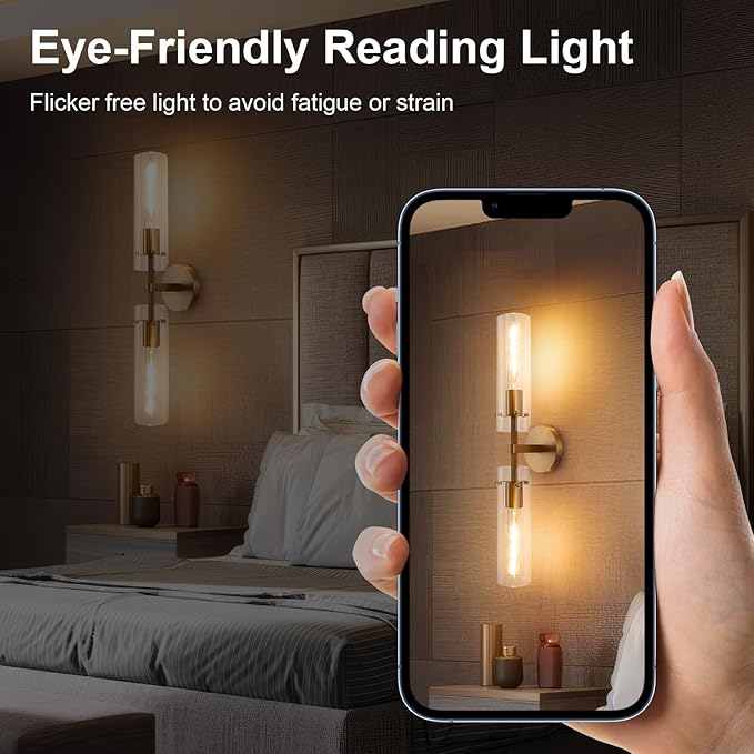 Brass Gold 2-Light Knurled Wall Sconce, Dual-Head Vanity Lamp Set of Two with Clear Glass Tube, Bathroom Wall Sconces, Wall Lights for Living Room Bedroom Hallway Kitchen Bathroom Mirror