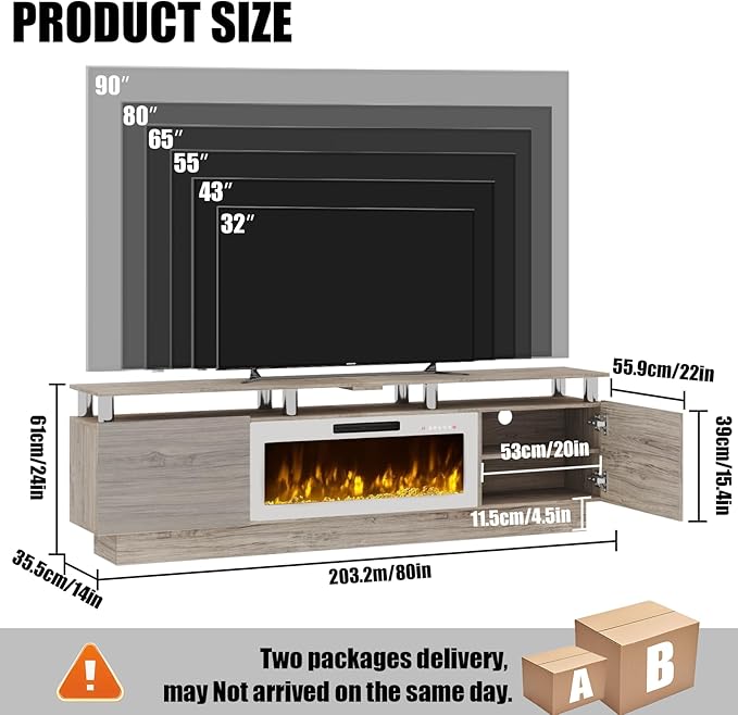 80" Modern Fireplace TV Stand with 36" Electric Fireplace for TVs Up to 90 inch, Luxury LED Light Entertainment Center with High Gloss Cabinet, Grey + Silver Posts with White Fireplace