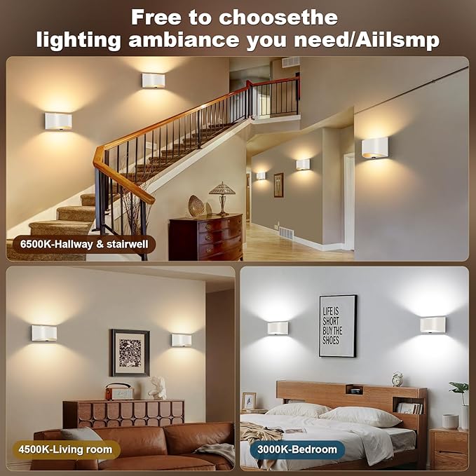 Wireless Wall Sconces Set of 2, 8000mAh White Battery Operated Wall Sconces Remote & Touch Control, 3 Color Temperatures, Timer Cordless Dimmable Light for Bedroom, Living Room, Hallway