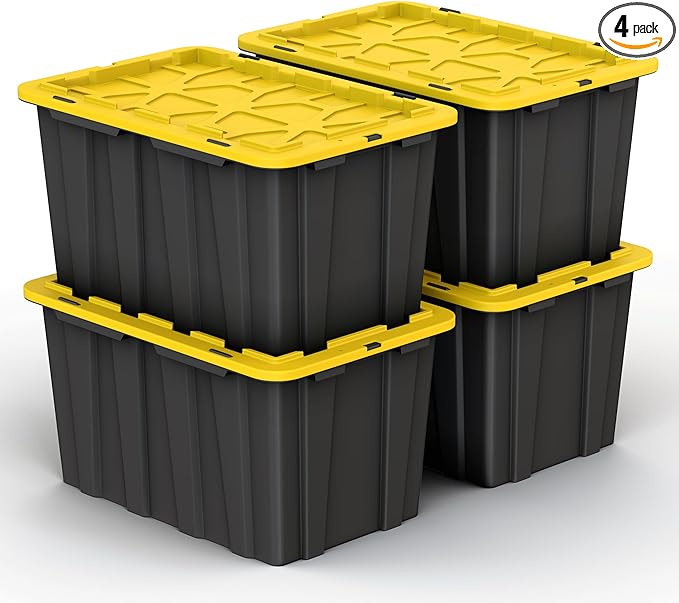 4 Pack of Large 17 Gallon Plastic Storage Bin Tote Organizing Container with Secure Latching Lids, Stackable, Extra Strength Clear with Built in Handle - Black and Yellow