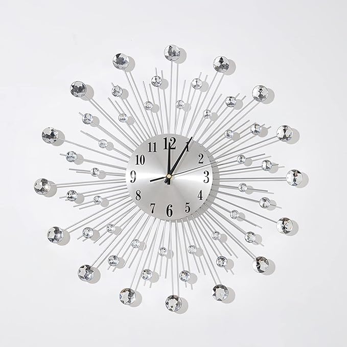 19.7 Inch Large Wall Clock for Living Room Decor, Non-Ticking Quiet Modern Metal Starburst Bling Silver Crystal Wall Clocks Decor for Bedrooms Kitchen Decorative