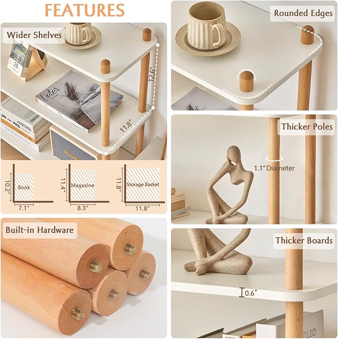 IOTXY 3-Tier Wooden Shelf Bookcase - Modern Open Bookshelf, Free Standing Storage Rack, Multifunctional Display Stand for Home and Office, White, Rectangle