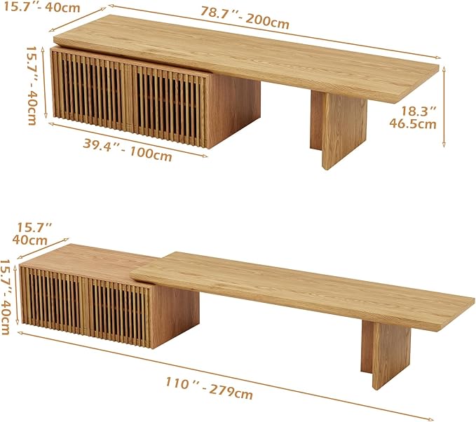 Modern TV Stand, Entertainment Center with Storage, Extendable TV Media Console for Up to 55+ Inch, Minimalist Television Cabinet for Living Room/Bedroom - Wood Color (78.7"-110" Extendable)